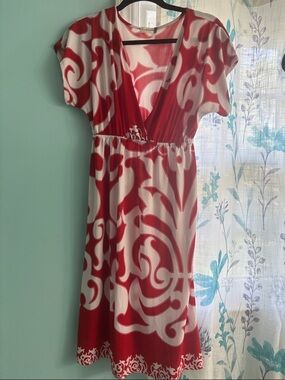 Jon & Anna Red and White Gathered Waist V-Neck Midi Dress